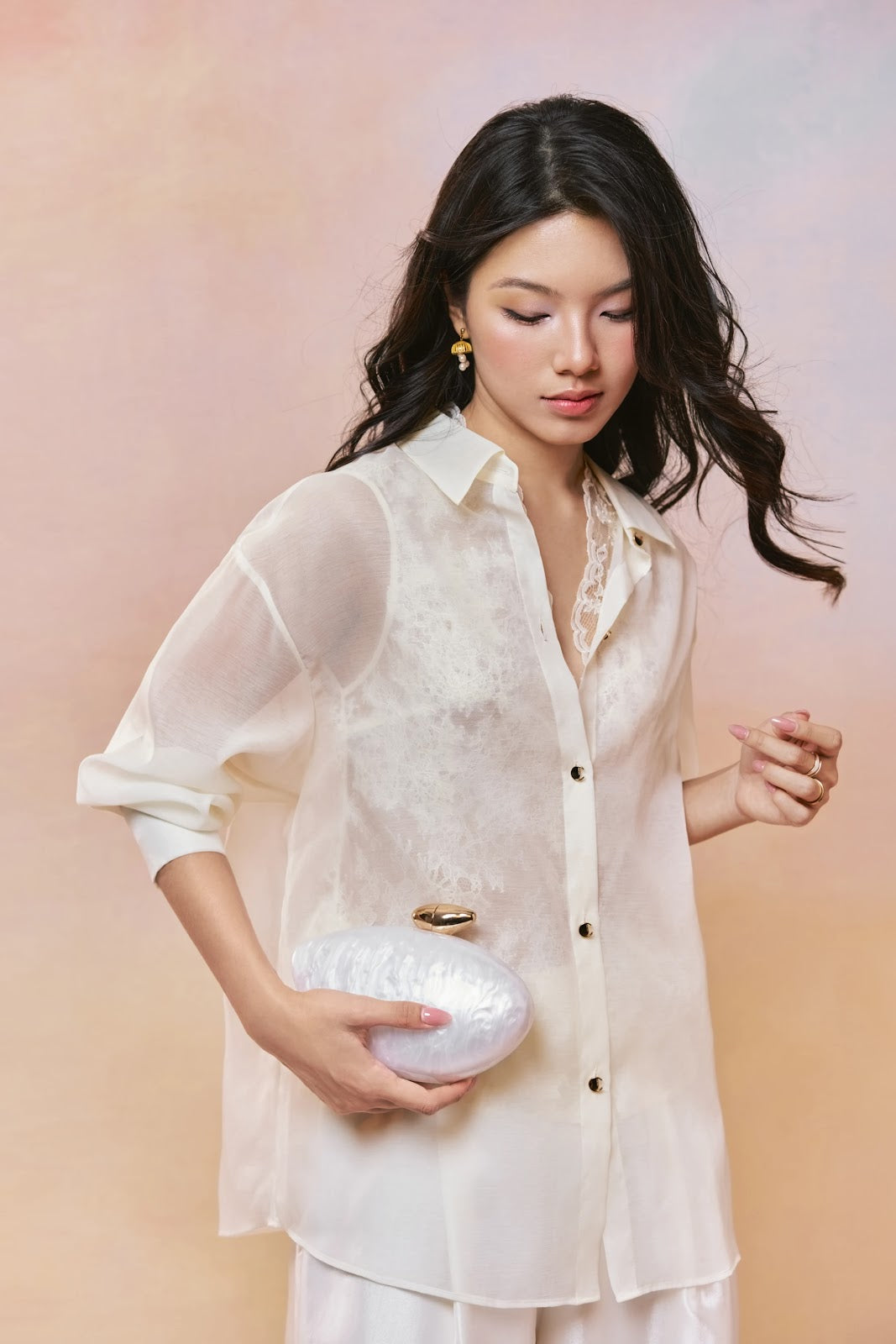 Lace Top Sheer Shirt and Wide-Leg Trouser Set - Image 4