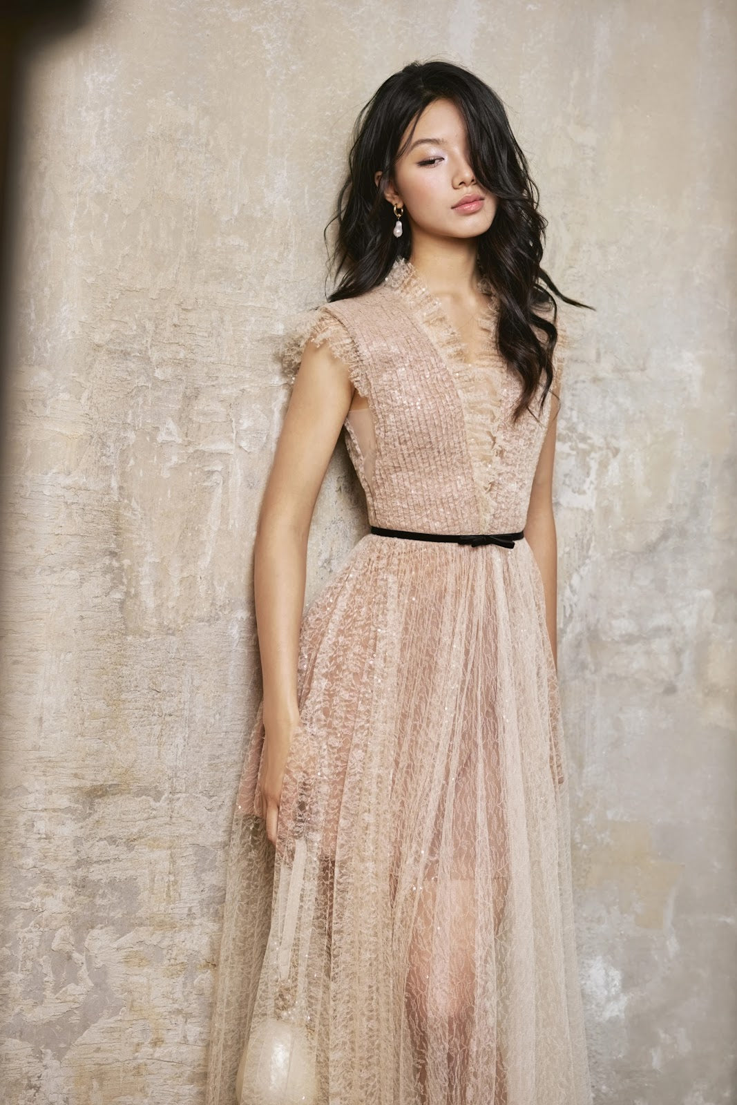 Pleated Glitter Tulle Maxi Dress - Back