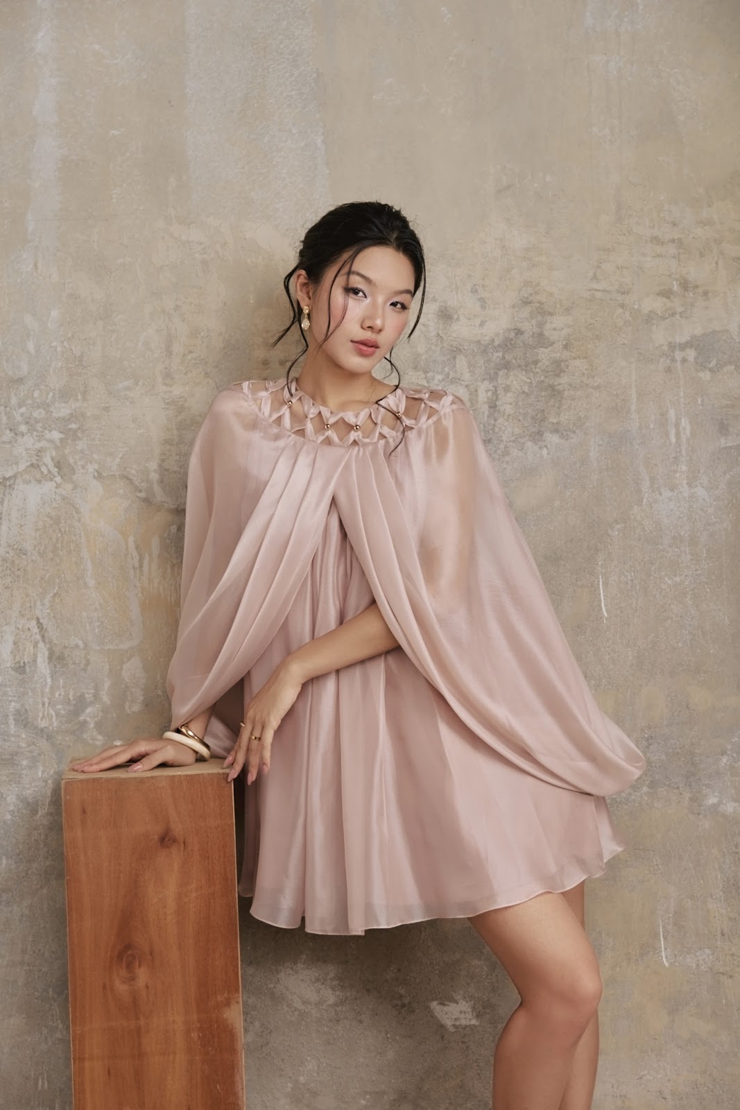 Cape Sleeve Lattice Neck Mini Dress - Image 1