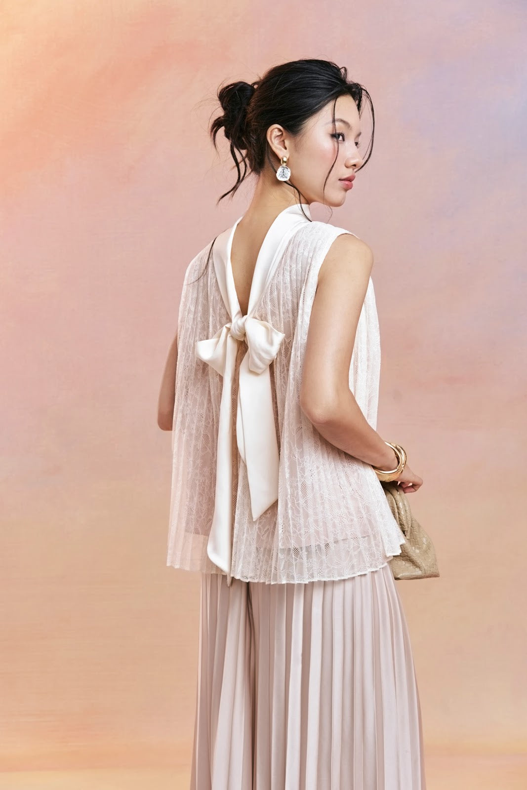 Bow Back Lace Top and Pleated Maxi Skirt Set - Image 3