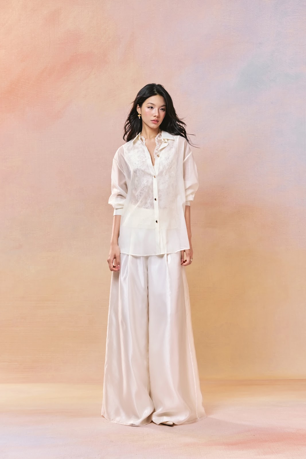 Lace Top Sheer Shirt and Wide-Leg Trouser Set - Image 3
