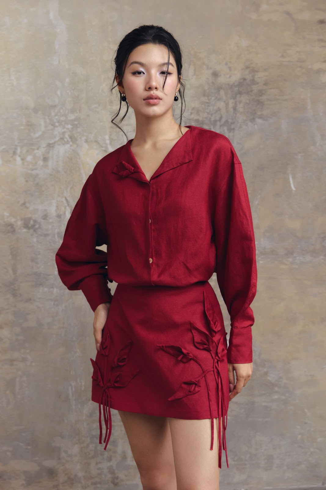 Bow Blouse and Floral Applique Mini Skirt Set - Image 3