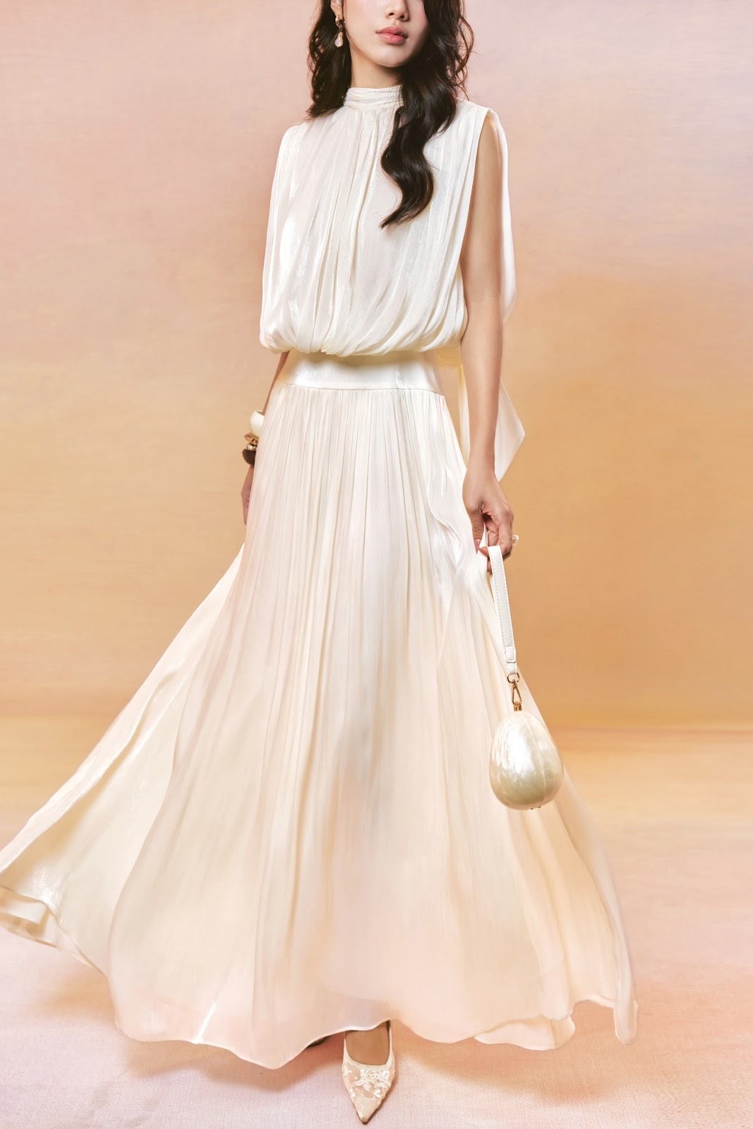 Draped High-Neck Top and Pleated Maxi Skirt Set - Back