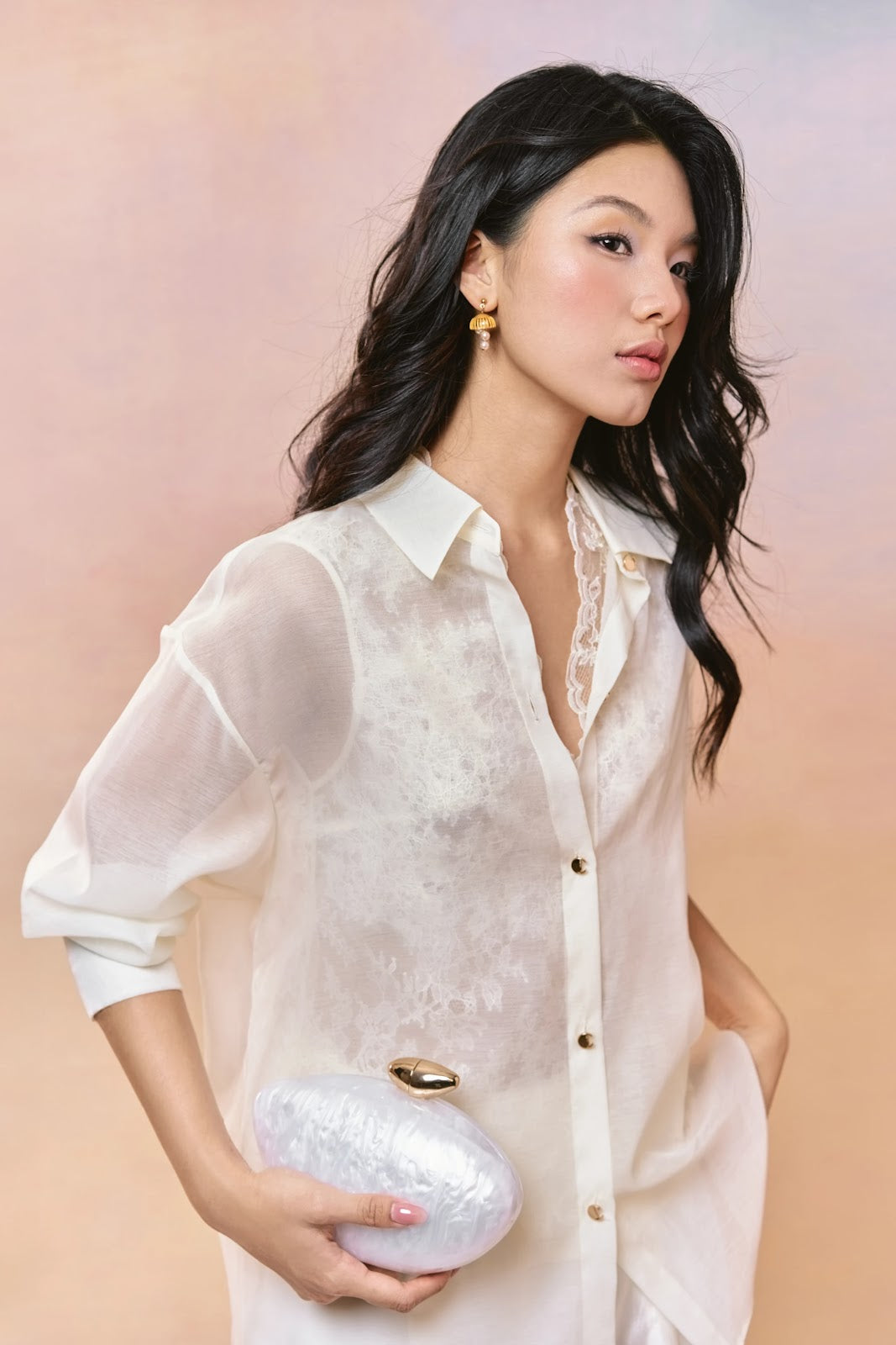 Lace Top Sheer Shirt and Wide-Leg Trouser Set - Image 5
