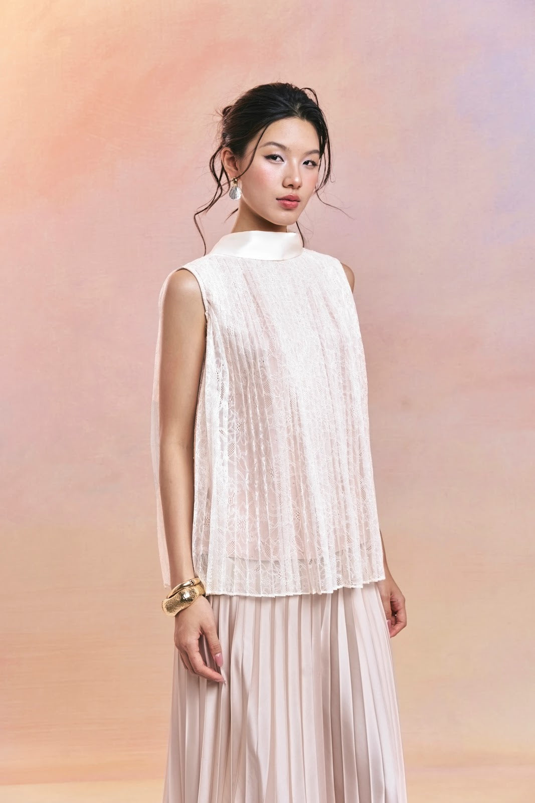 Bow Back Lace Top and Pleated Maxi Skirt Set - Image 2