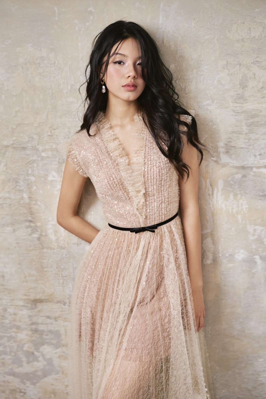 Pleated Glitter Tulle Maxi Dress - Side