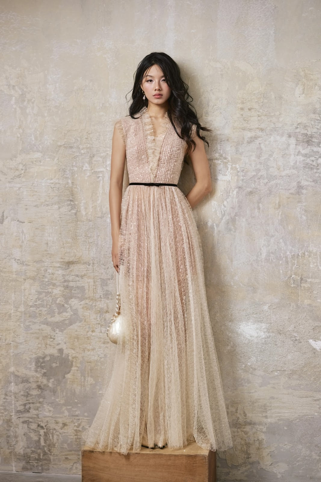 Pleated Glitter Tulle Maxi Dress - Detail
