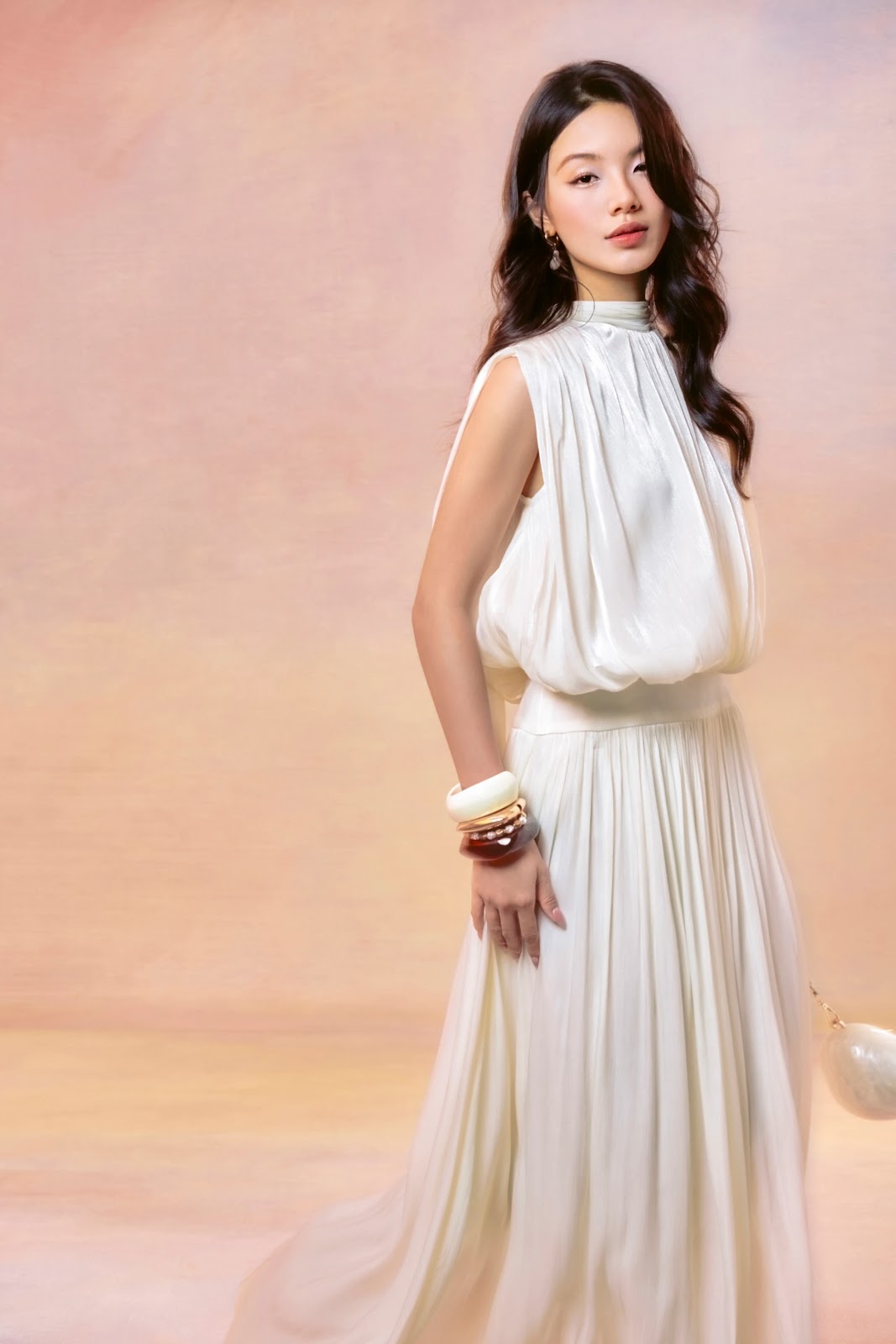 Draped High-Neck Top and Pleated Maxi Skirt Set - Close