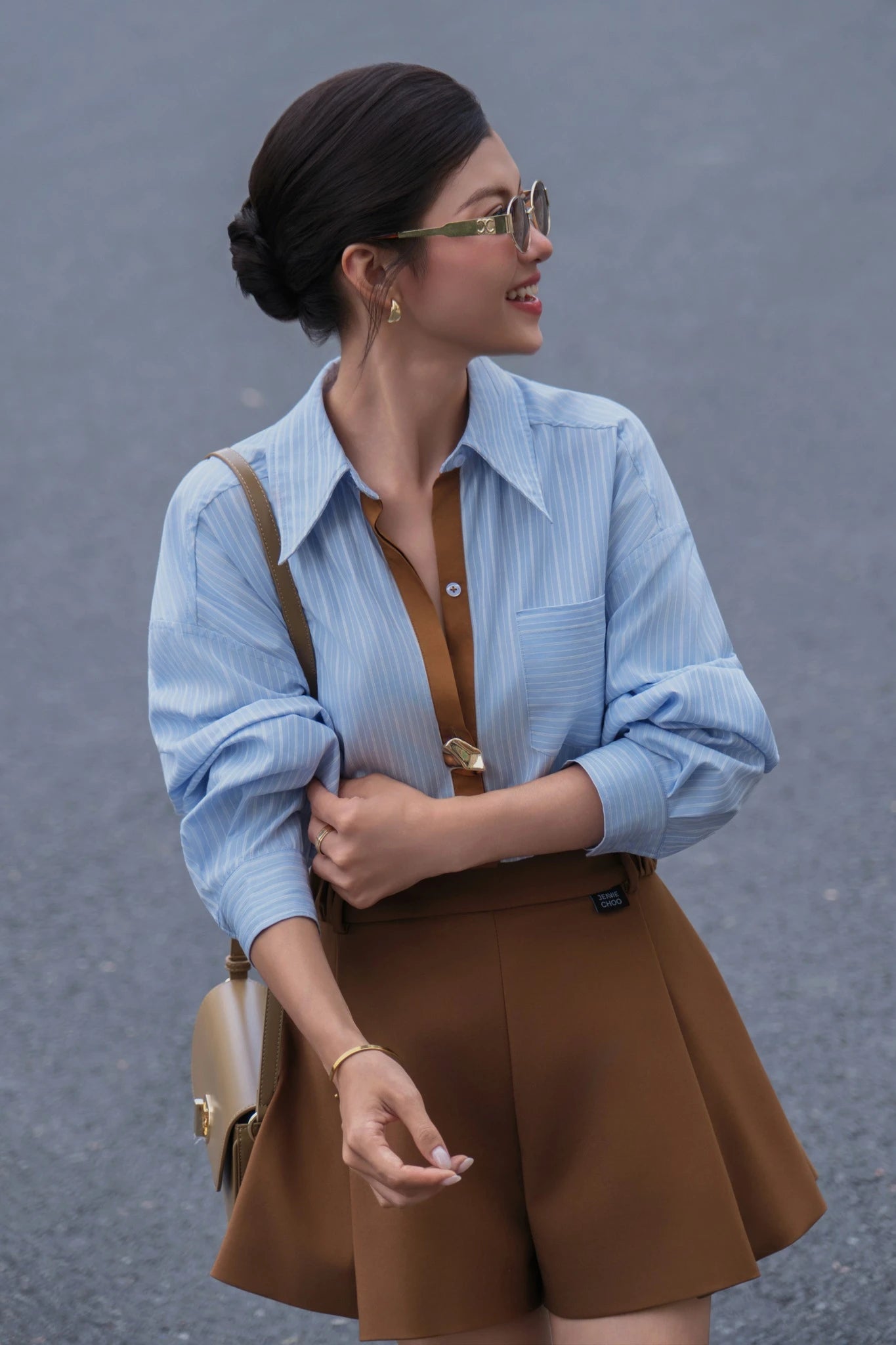 Pinstripe Shirt and Flared Shorts Set