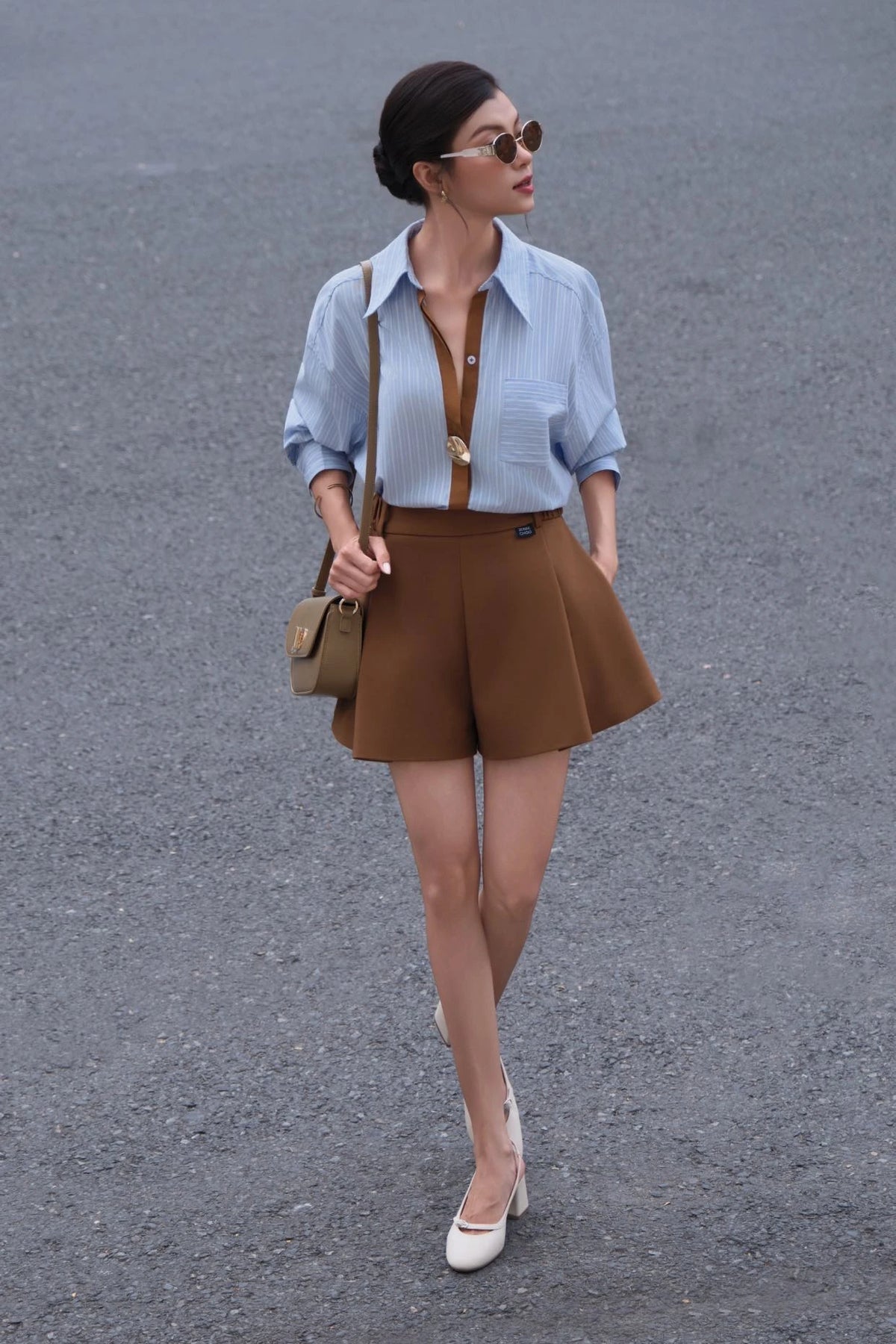 Pinstripe Shirt and Flared Shorts Set