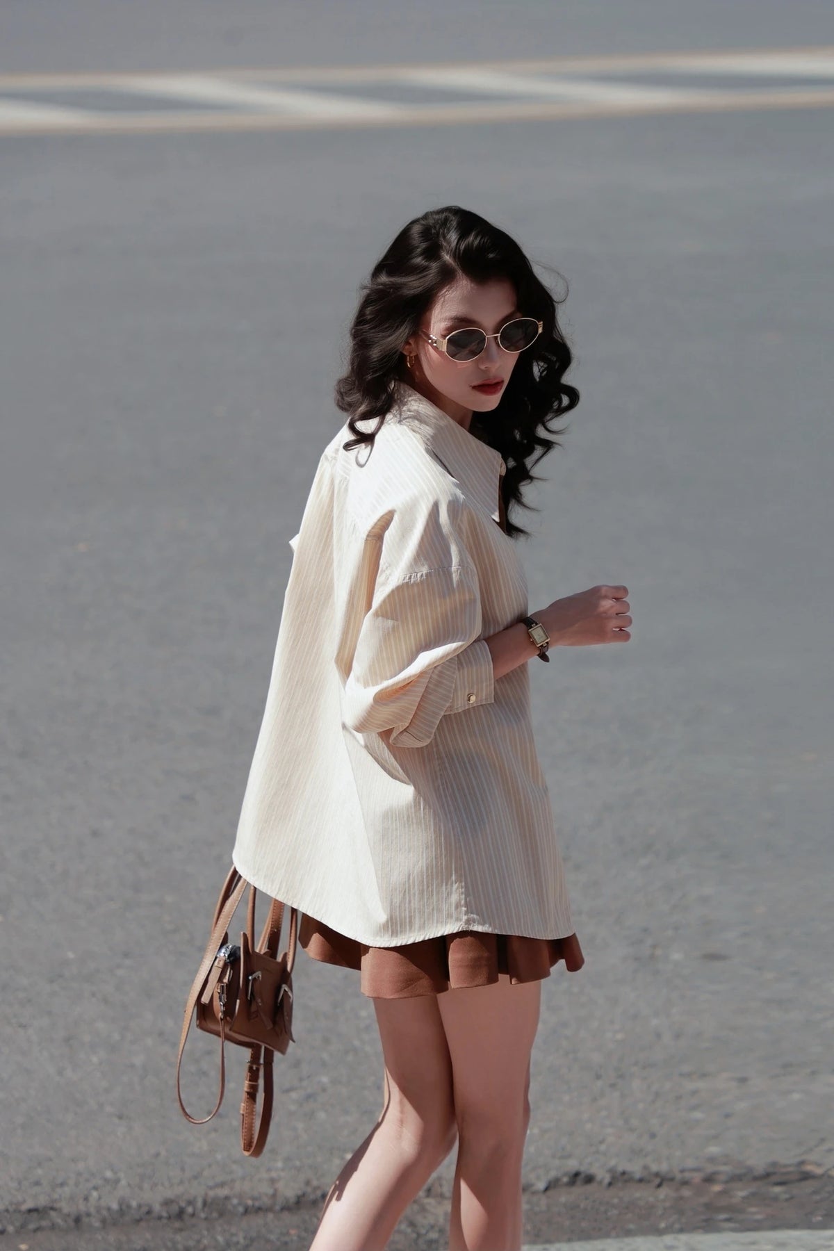 Pinstripe Shirt and Flared Shorts Set