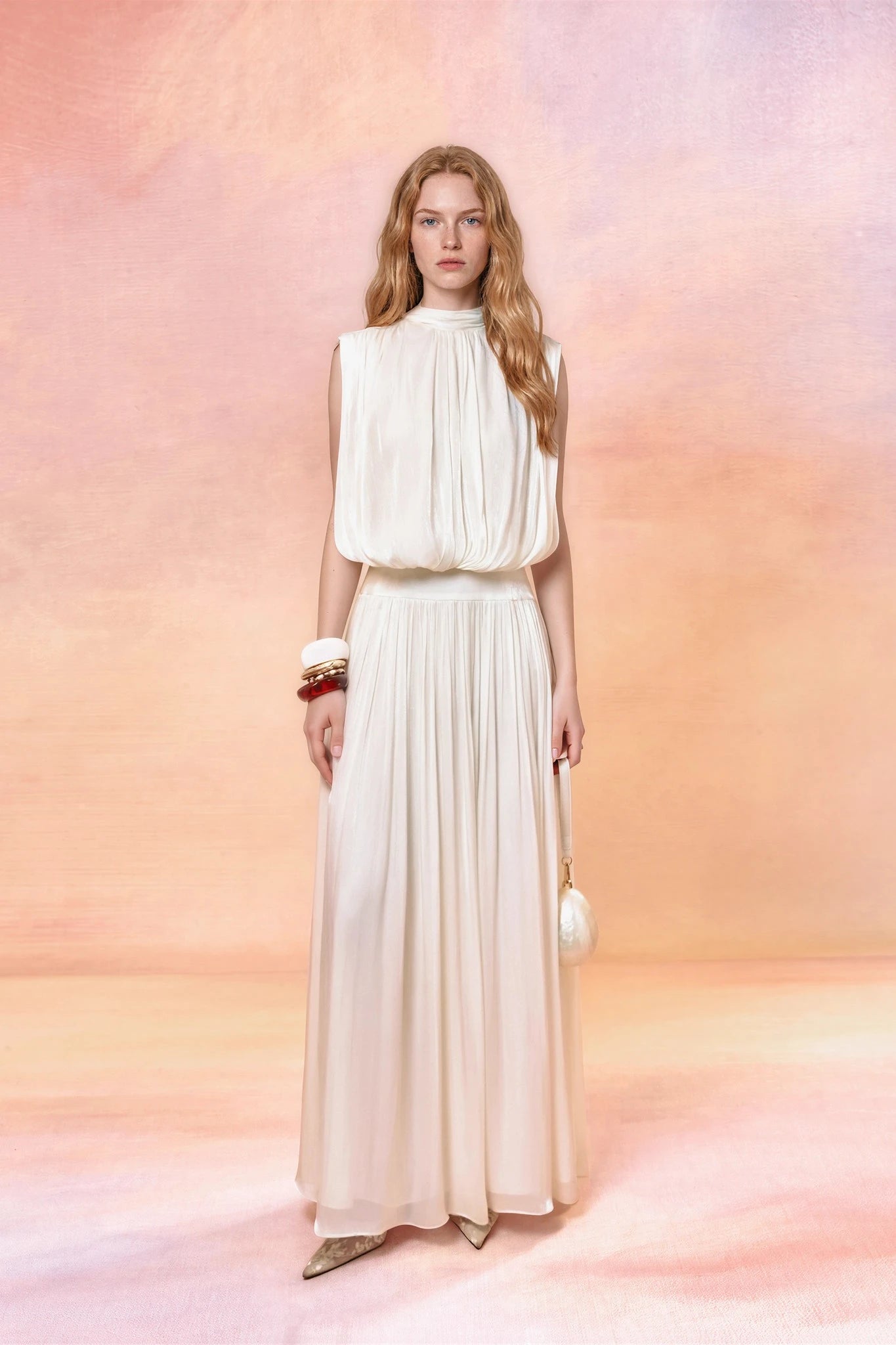 Draped High-Neck Pleated Maxi Dress