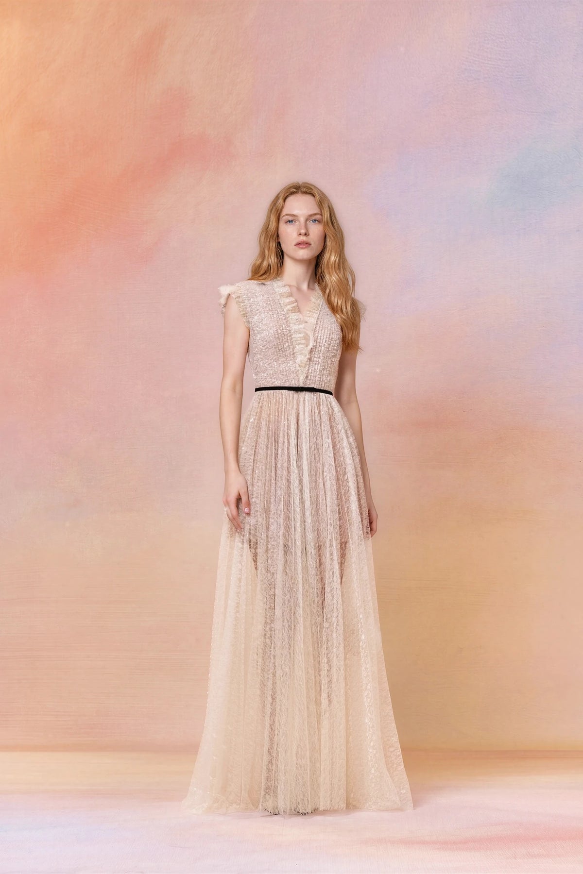Pleated Glitter Tulle Maxi Dress with Ribbon Belt