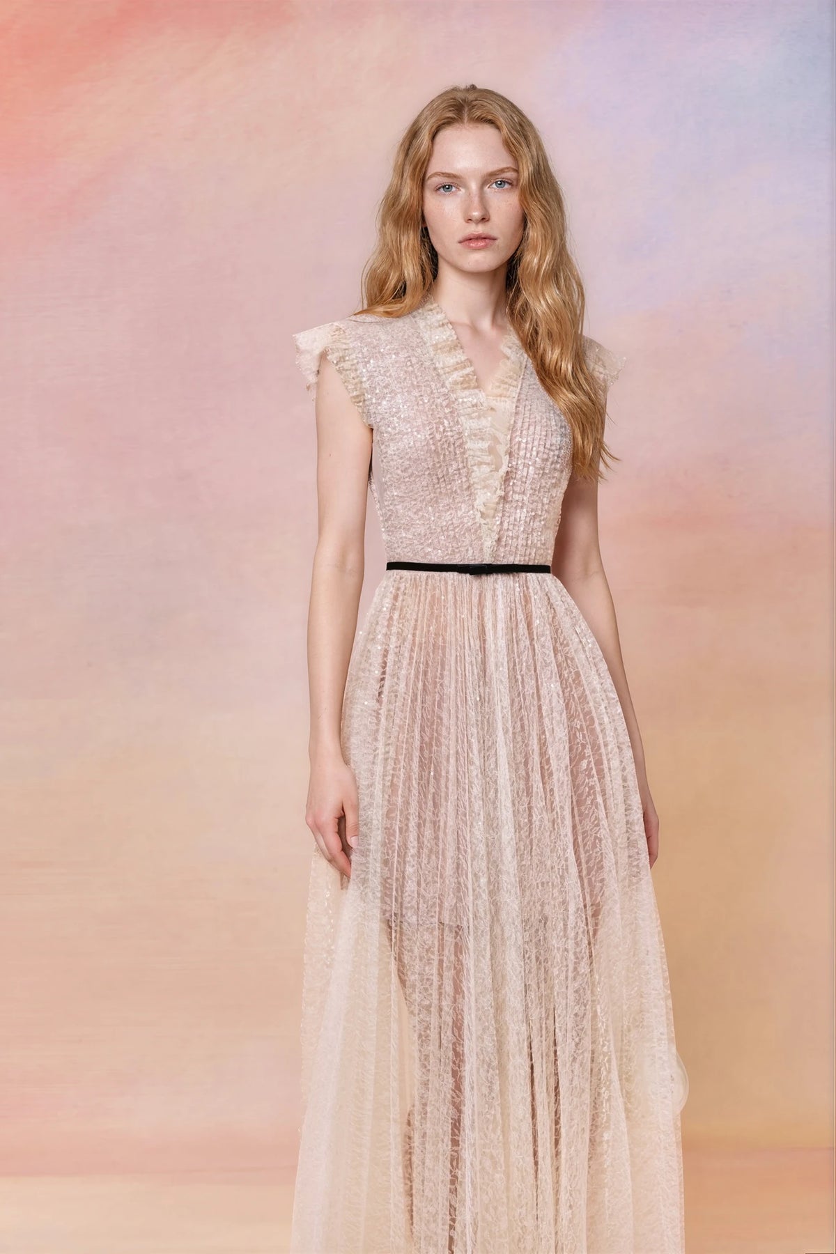 Pleated Glitter Tulle Maxi Dress with Ribbon Belt