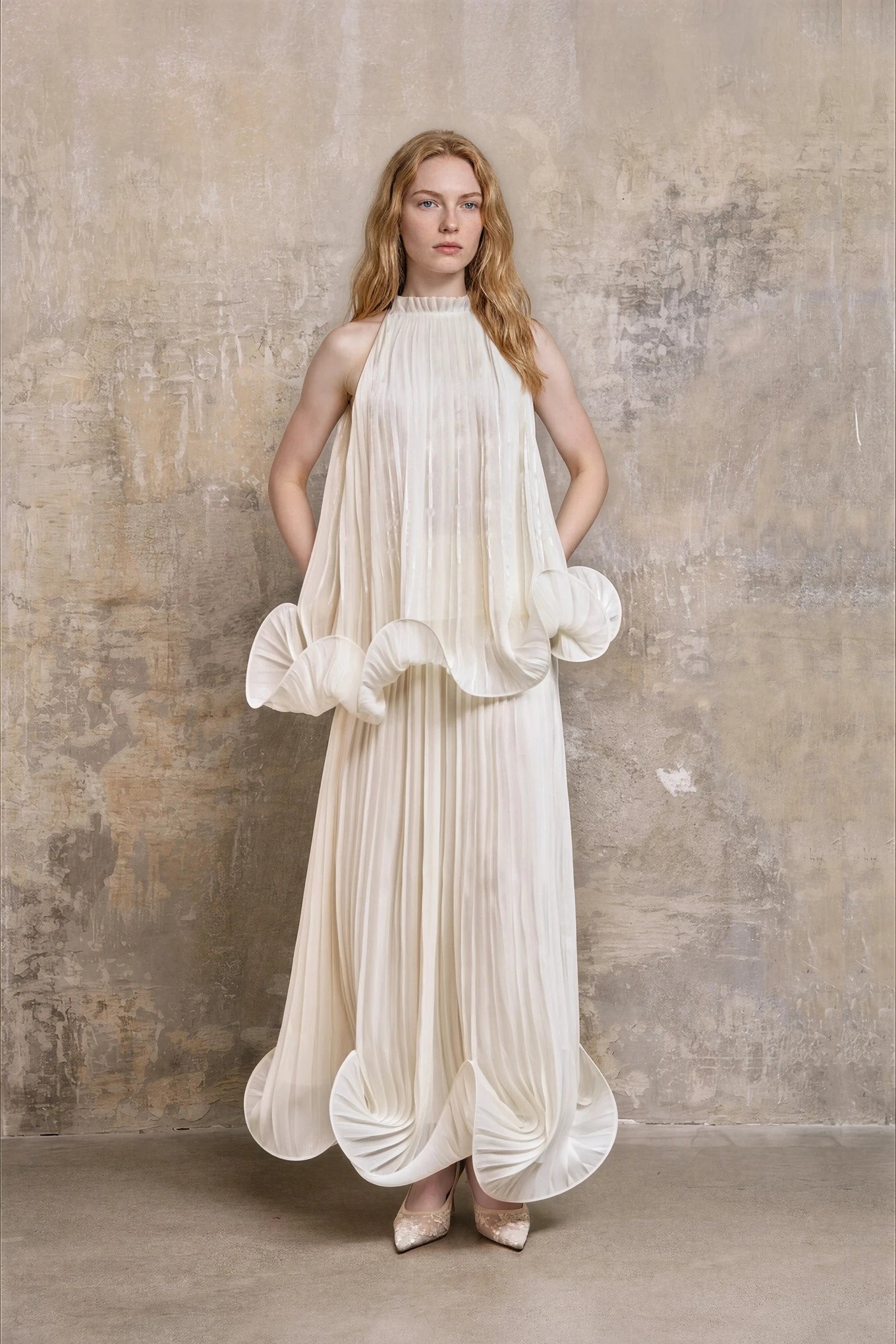 Pleated Wave Top and Pleated Maxi Skirt Set