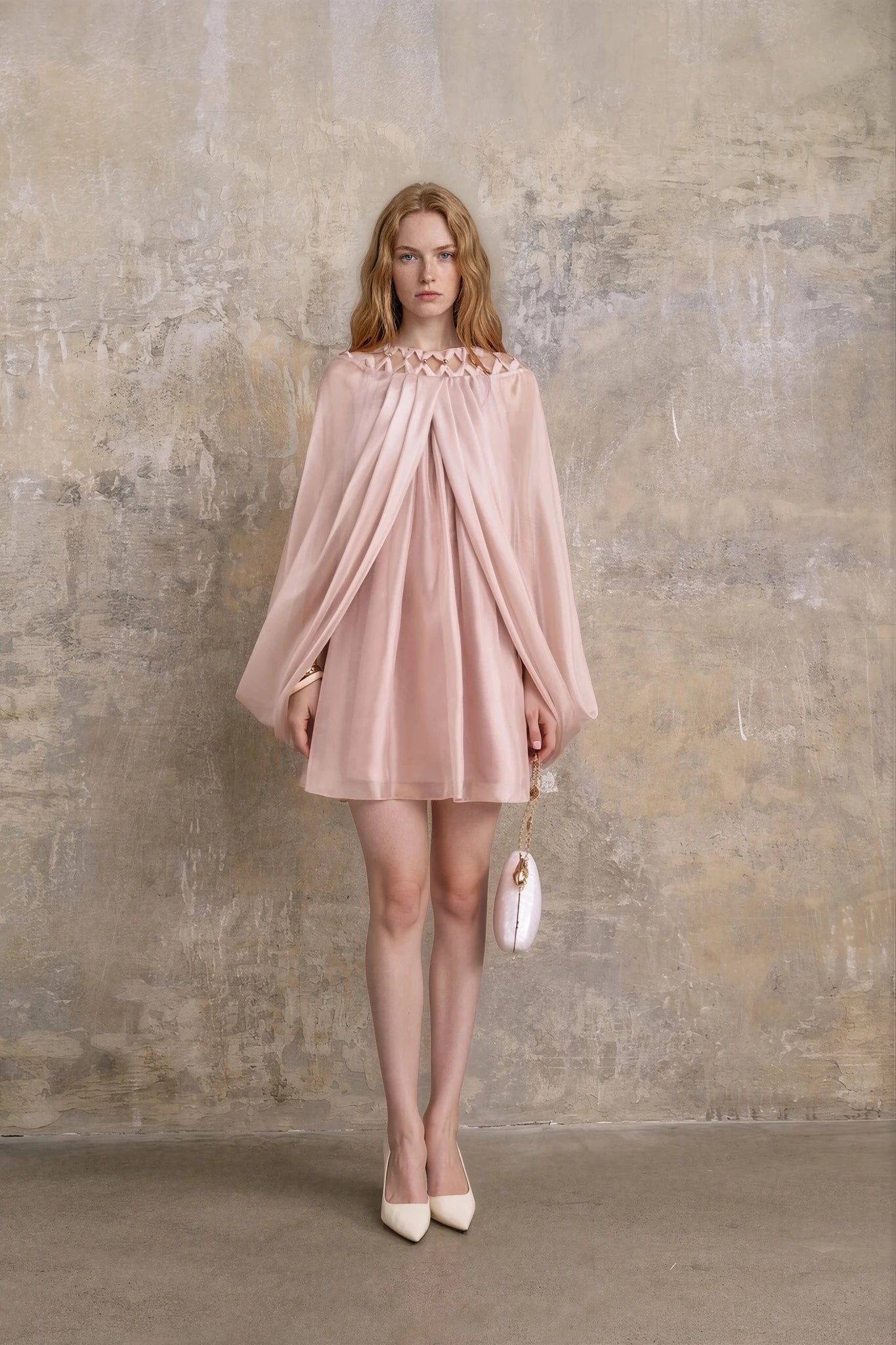 Cape Sleeve Lattice Neck Mini Dress