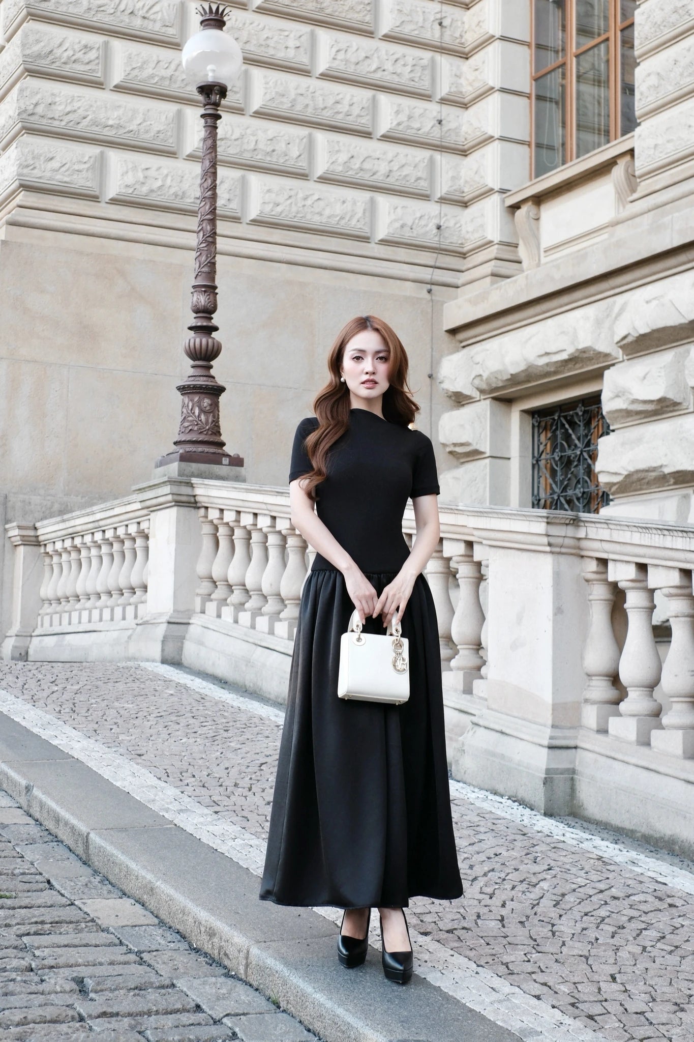 Asymmetric Collar Bubble-Hem Maxi Dress