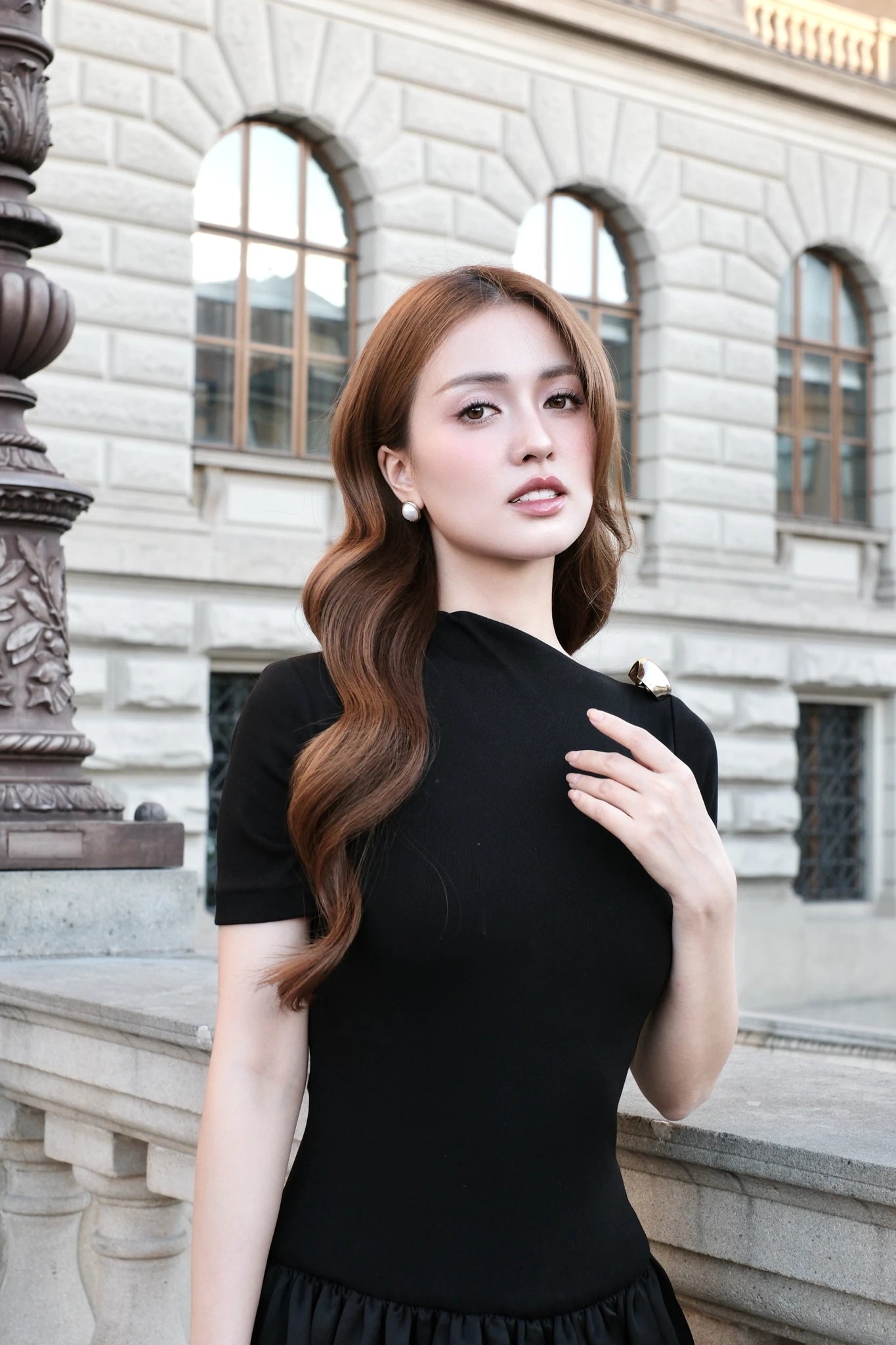 Asymmetric Collar Bubble-Hem Maxi Dress