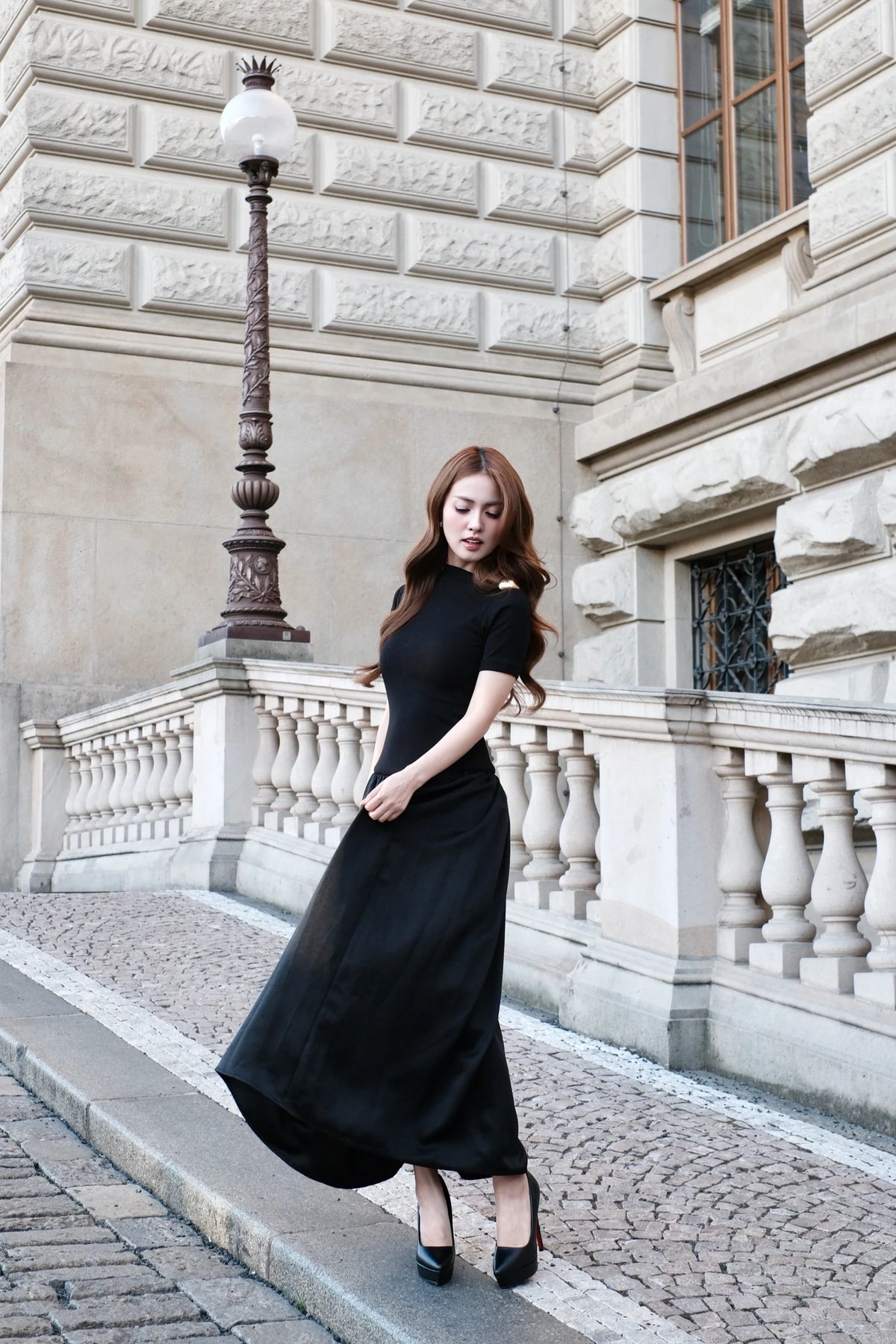 Asymmetric Collar Bubble-Hem Maxi Dress
