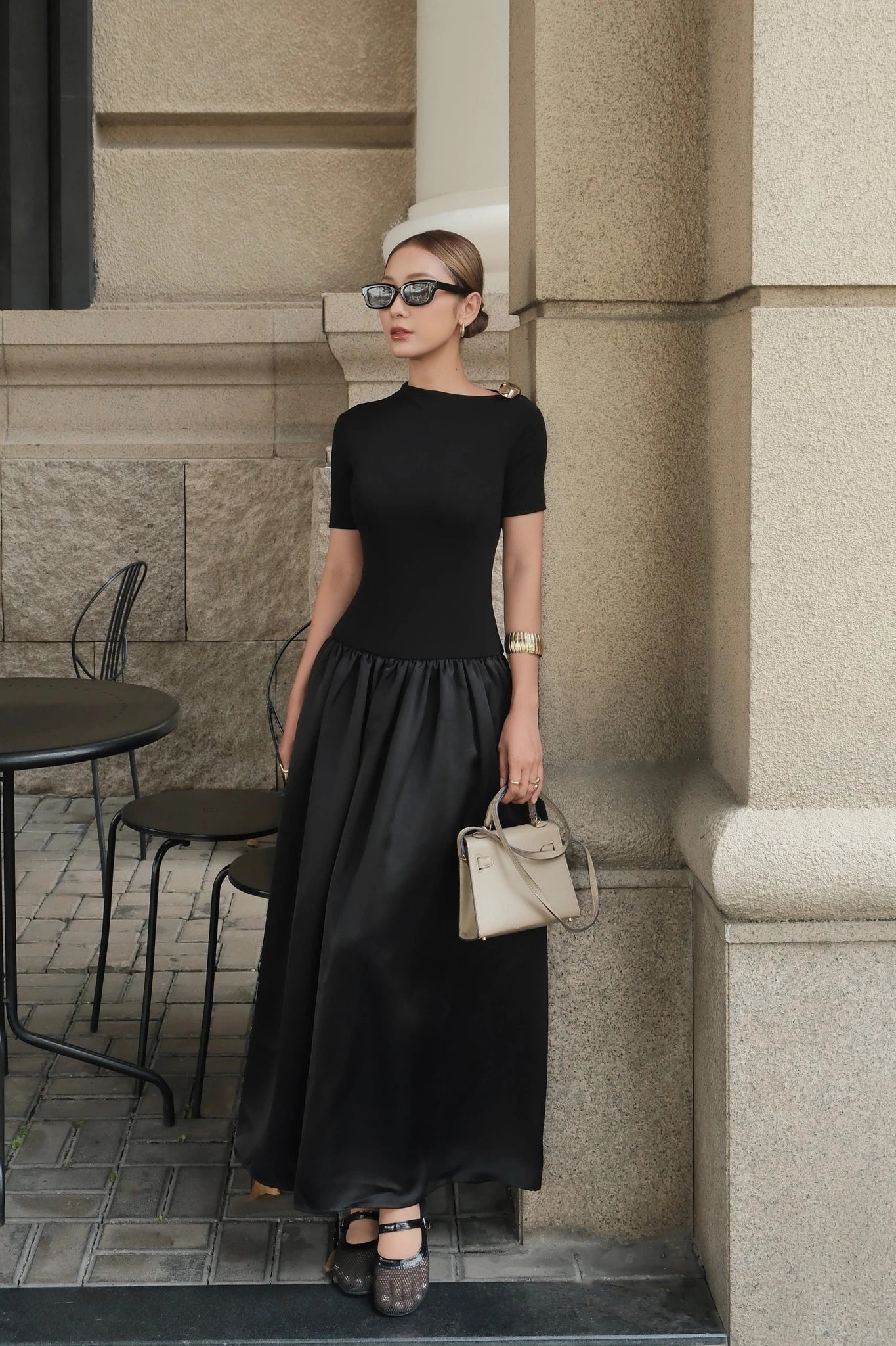 Asymmetric Collar Bubble-Hem Maxi Dress
